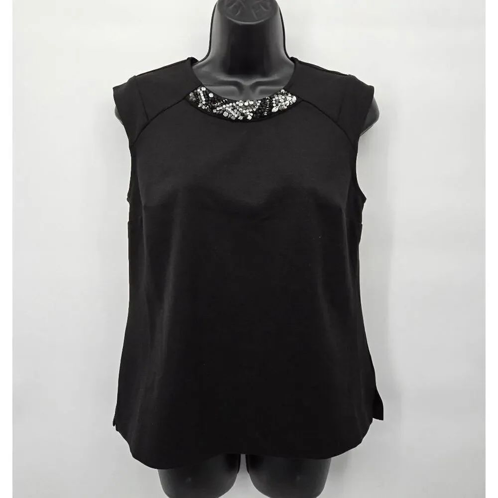 Ann Taylor Ponte Knit Top Size Small Black Embellished Neck Blouse NWT